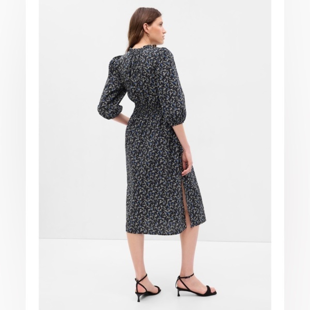 GAP Puff Sleeve Smocked Midi Dress Dark Floral Cottagecore Womens Size XXL Tall - Picture 2 of 13